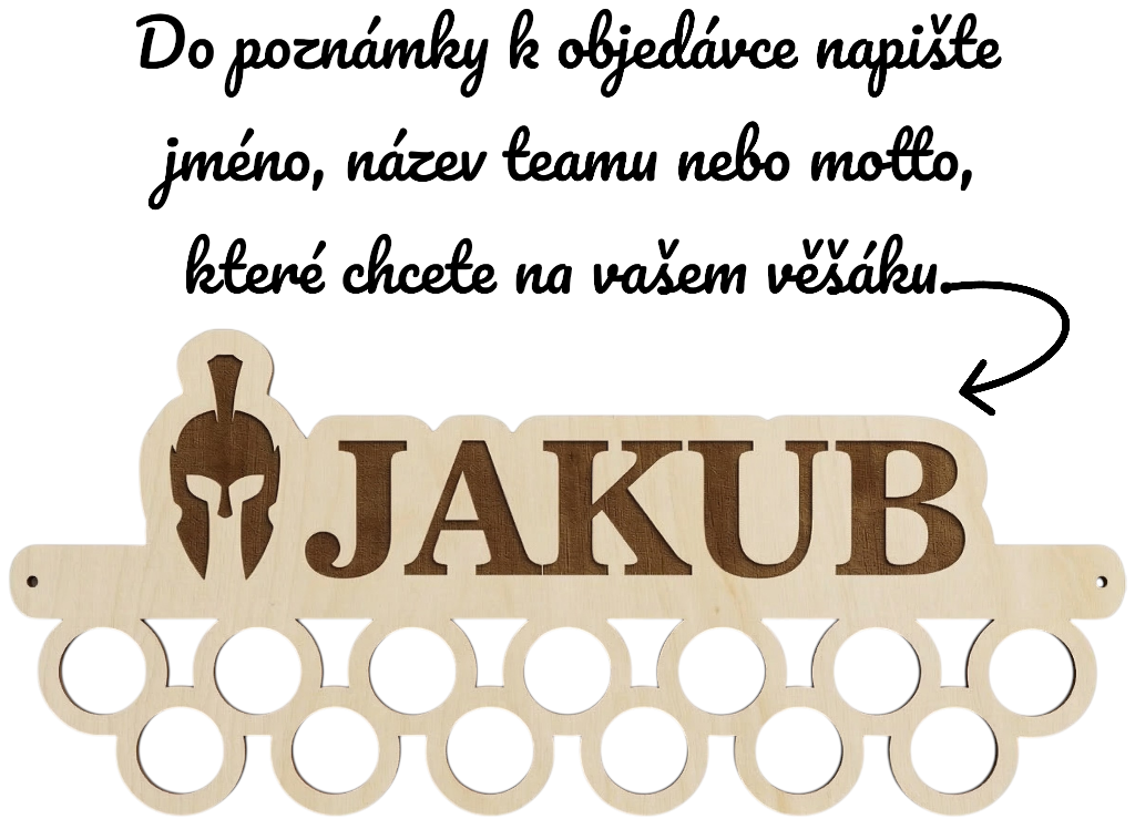 Gravírovaný dřevěný držák na medaile s vlastním jménem nebo mottem